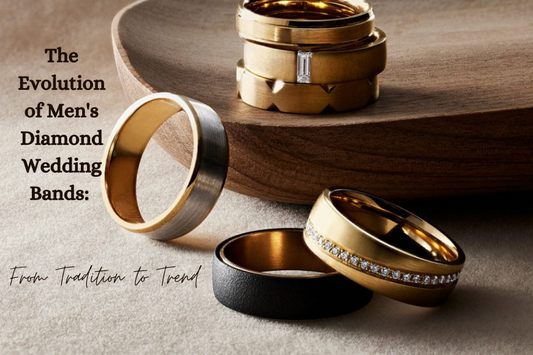 An image with a few men's diamond wedding rings on a wooden platform and against a cream background with the title "The Evolution of Men's Diamond Wedding Bands: From Tradition to Trend"