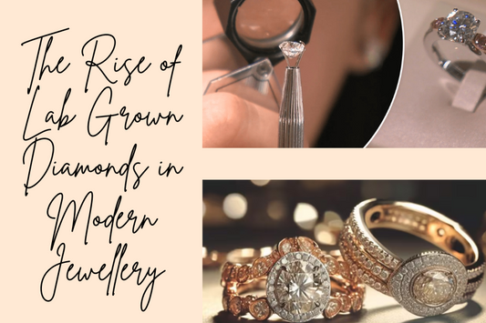An image with two pictures, one with a loose diamond and the other with two engagement rings and the title "The Rise of Lab Grown Diamonds in Modern Jewelry"