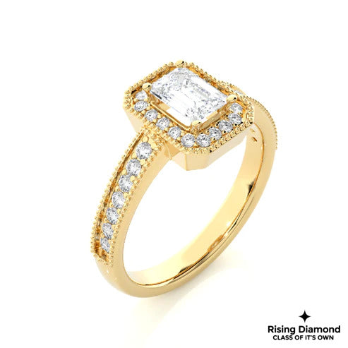 1.22 Ct Emerald Cut F-VS1 Lab Grown Diamond Halo Gold Engagement Ring