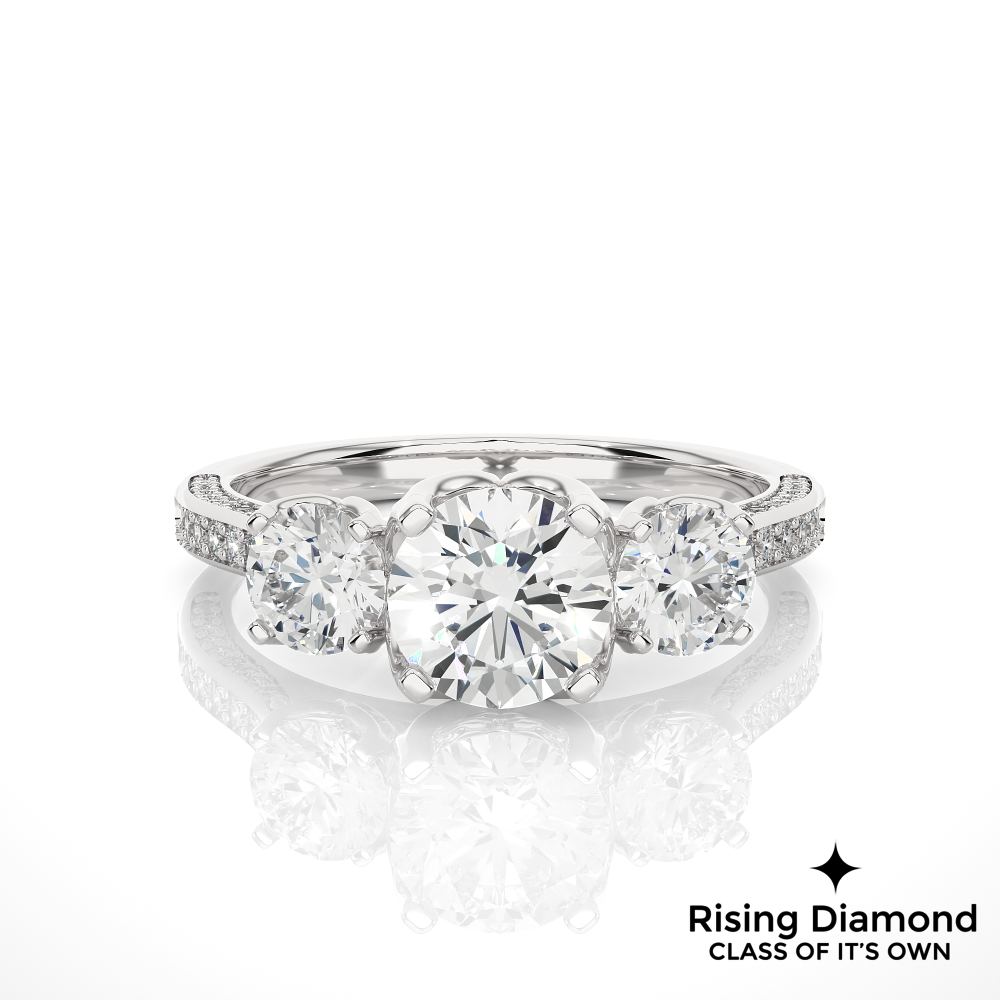 1.48 Ct Round Cut Colorless Moissanite Three Stone Engagement Ring