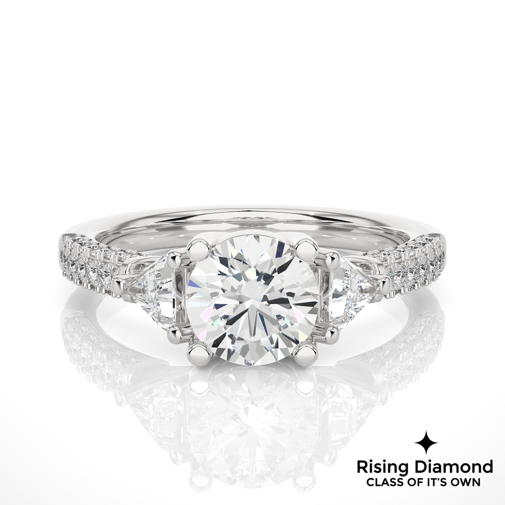1.53 Ct Round Cut Colorless Moissanite Three Stone Engagement Ring