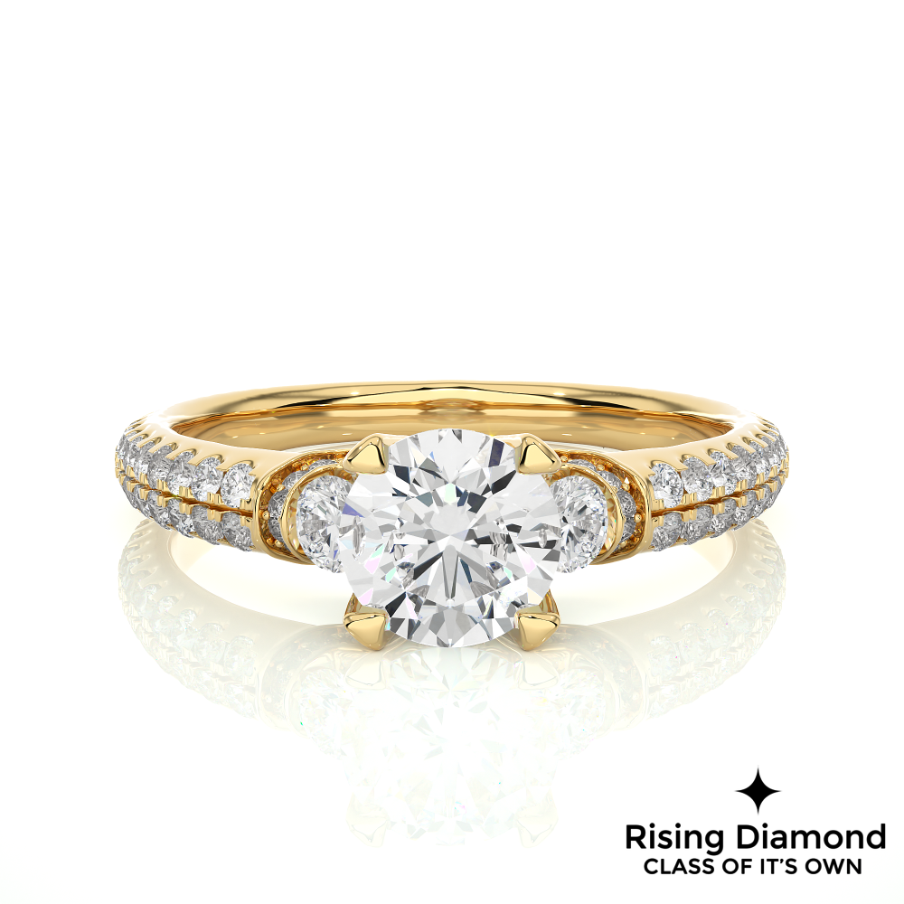 1.31 Ct Round Cut Colorless Moissanite Three Stone Engagement Ring With Double Pave Shank