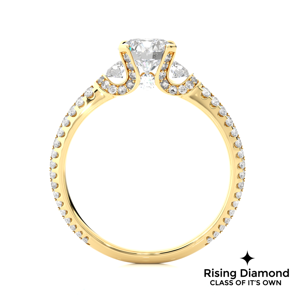 1.31 Ct Round Cut Colorless Moissanite Three Stone Engagement Ring With Double Pave Shank
