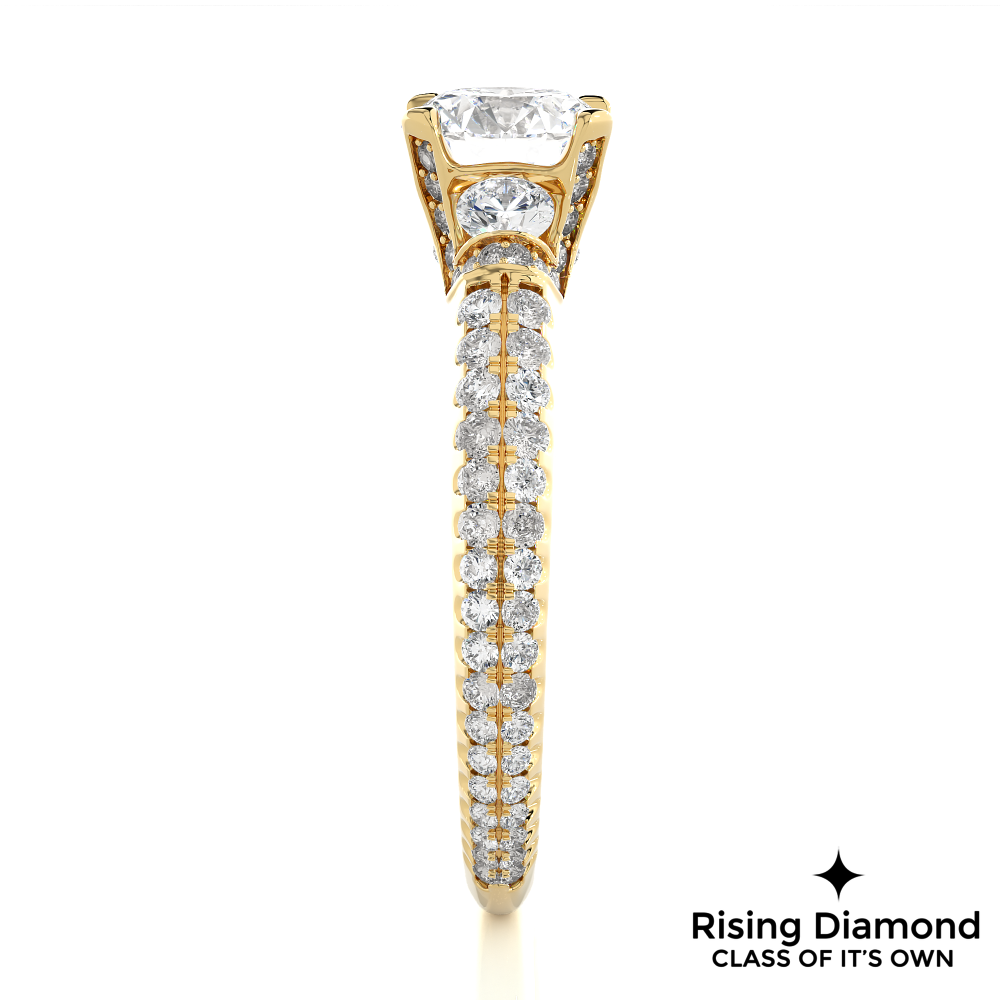 1.31 Ct Round Cut Colorless Moissanite Three Stone Engagement Ring With Double Pave Shank