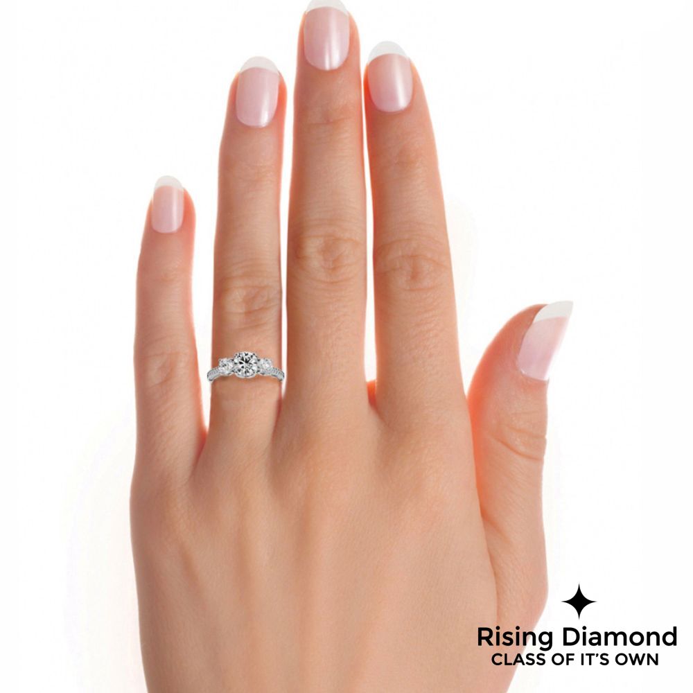1.48 Ct Round Cut Colorless Moissanite Three Stone Engagement Ring
