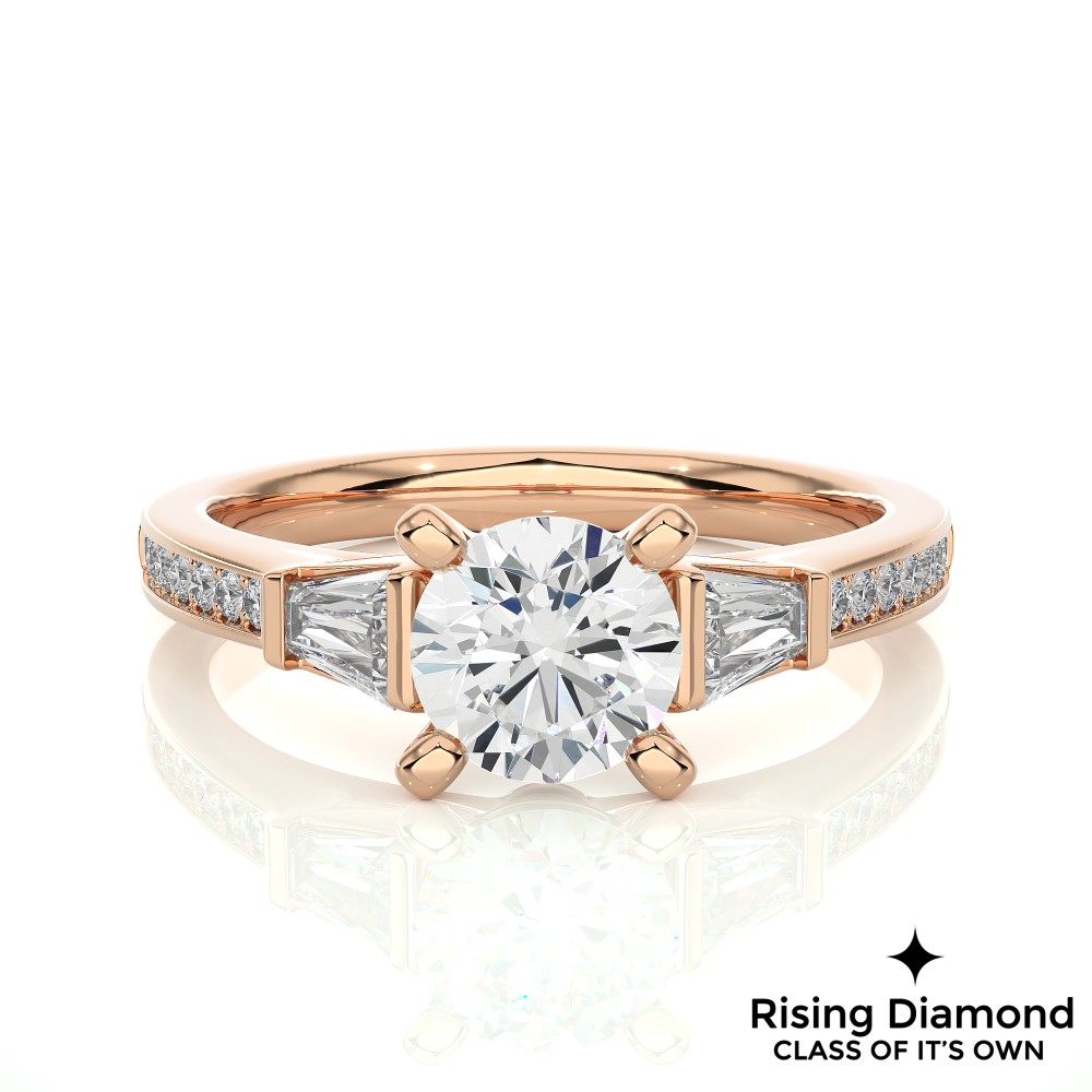 1.58 Ct Round Cut Colorless Moissanite Three Stone Gold Engagement Ring