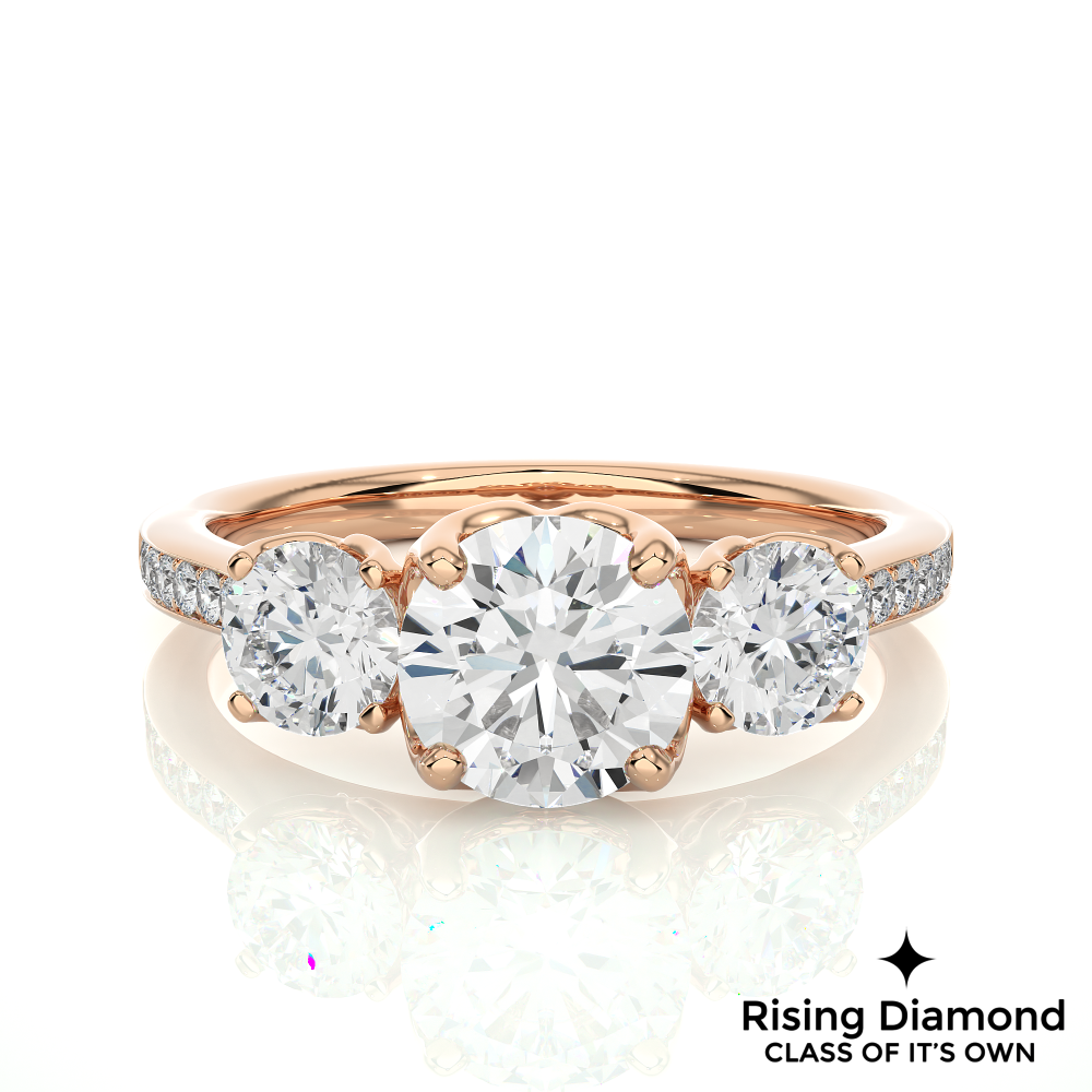1.48 Ct Round Cut Colorless Moissanite Three Stone Engagement Ring With Pave