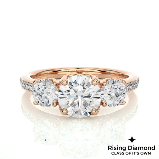 1.48 Ct Round Cut Colorless Moissanite Three Stone Engagement Ring With Pave