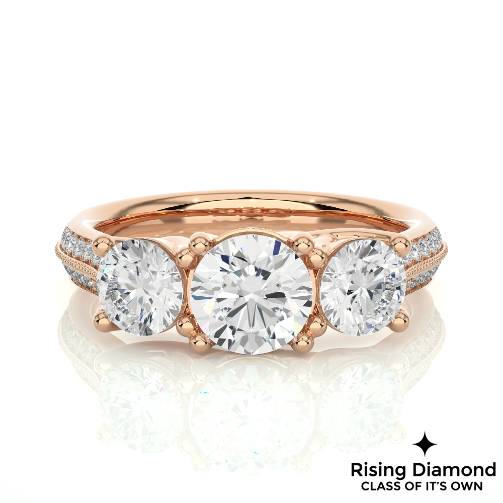 1.48 Ct Round Cut Colorless Moissanite Three Stone Engagement Ring in Micro Pave Setting