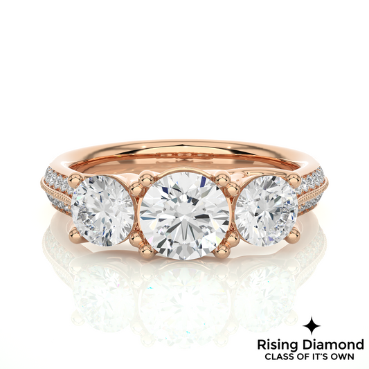1.48 Ct Round Cut Colorless Moissanite Three Stone Engagement Ring in Micro Pave Setting