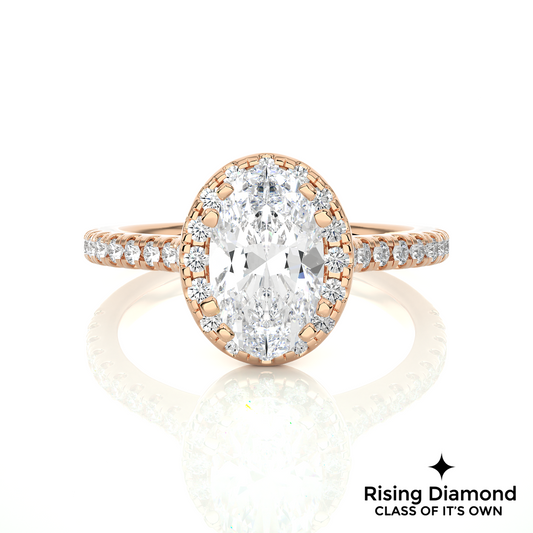 1.55 Ct Oval Cut Colorless Moissanite Engagement Ring in Halo Setting With Cathedral Shank