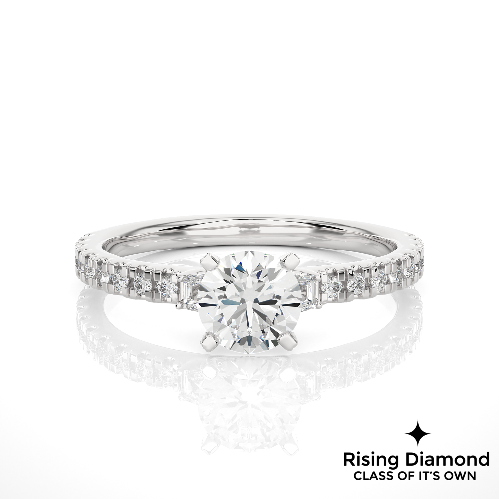1.23 Ct Round Cut Colorless Moissanite Three Stone Pave Engagement Ring