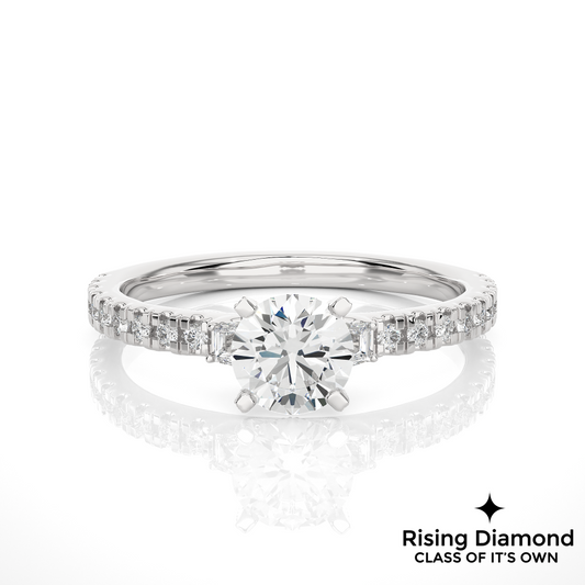 1.23 Ct Round Cut Colorless Moissanite Three Stone Pave Engagement Ring