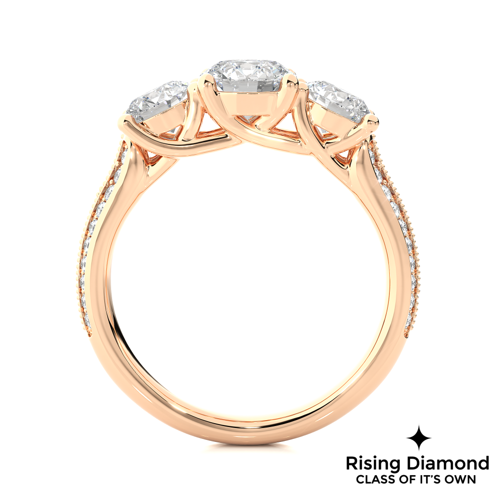 1.48 Ct Round Cut Colorless Moissanite Three Stone Engagement Ring in Micro Pave Setting