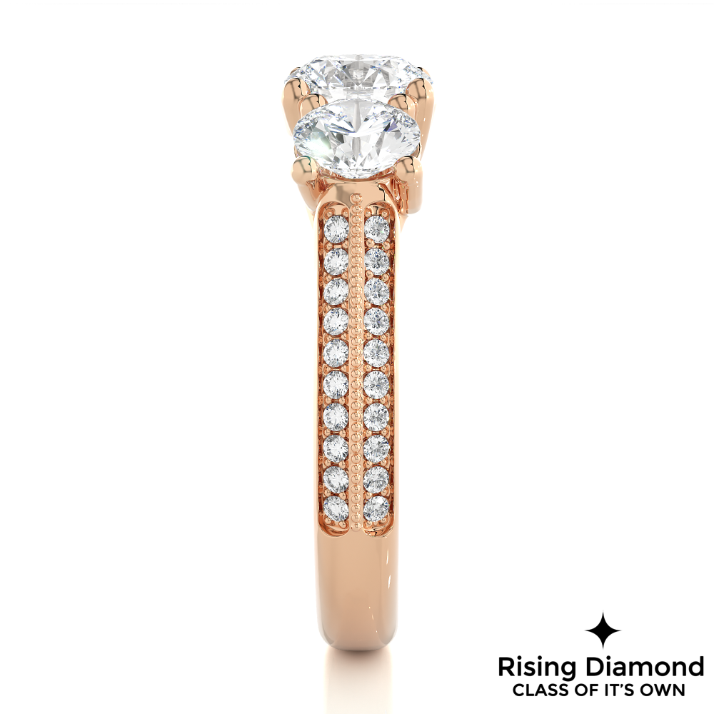 1.48 Ct Round Cut Colorless Moissanite Three Stone Engagement Ring in Micro Pave Setting