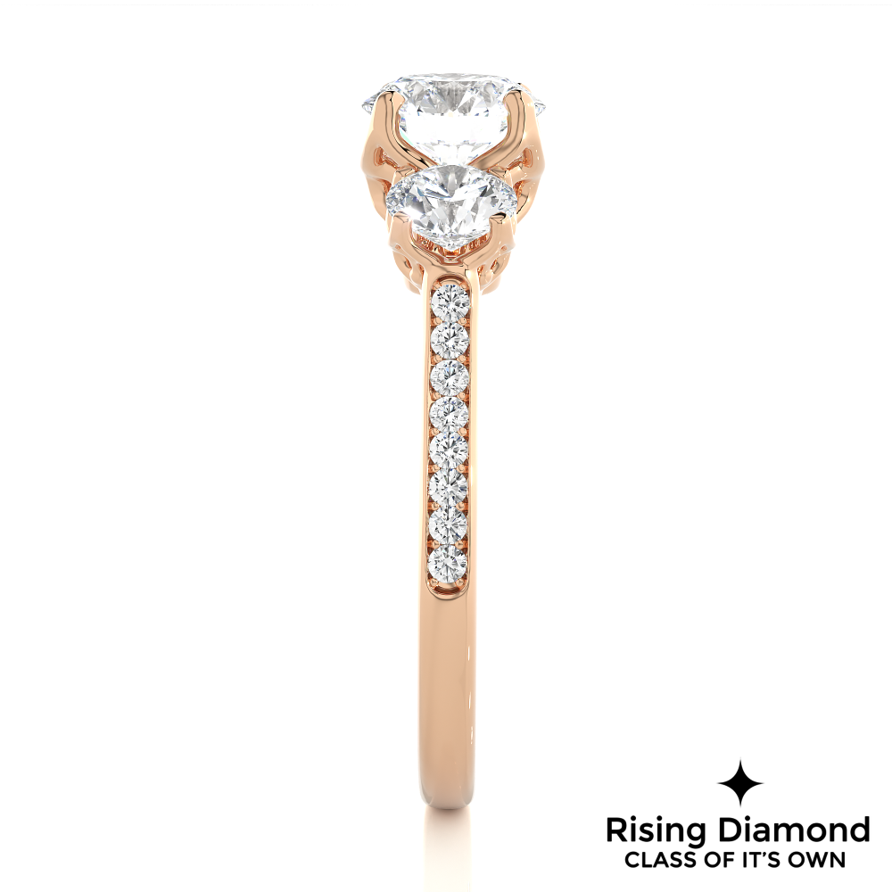 1.48 Ct Round Cut Colorless Moissanite Three Stone Engagement Ring With Pave