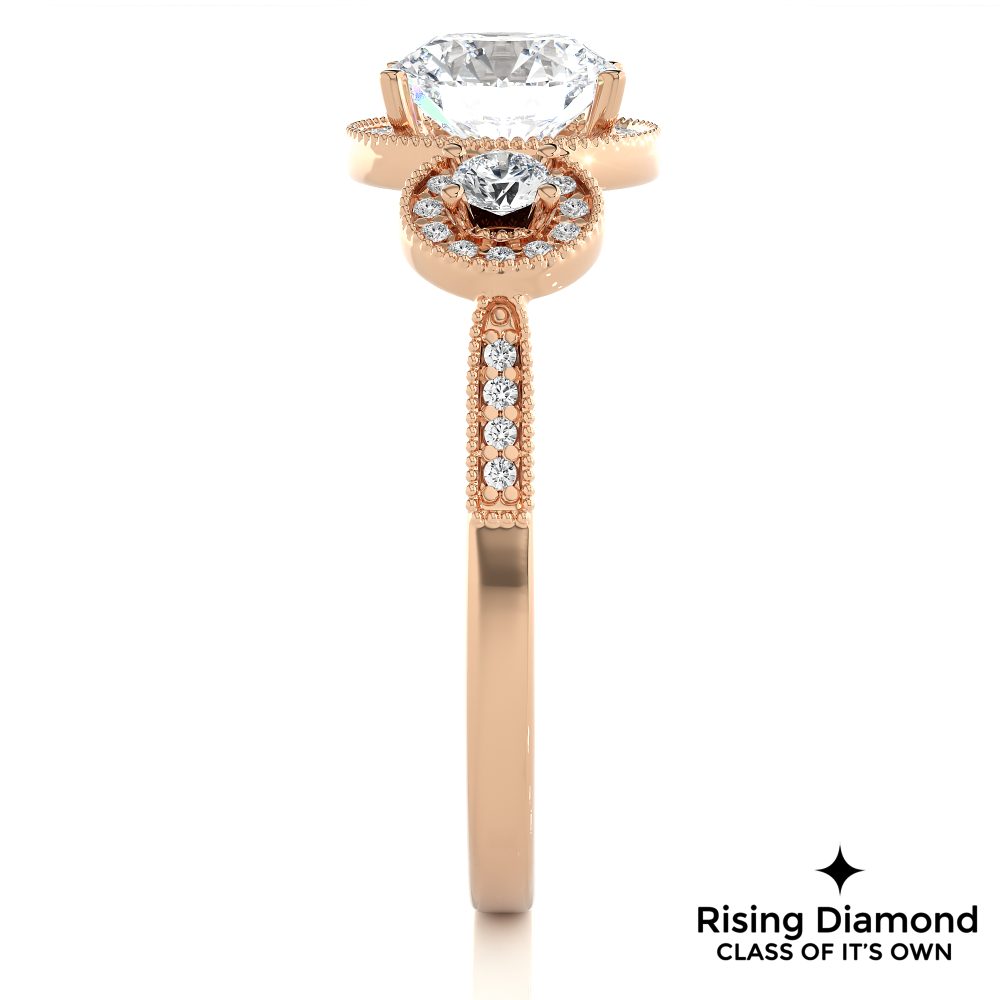 1.79 Ct Round Cut Colorless Moissanite Three Stone Gold Engagement Ring