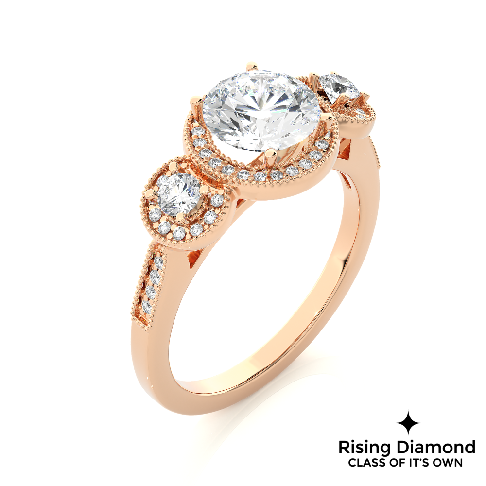 1.79 Ct Round Cut Colorless Moissanite Three Stone Gold Engagement Ring