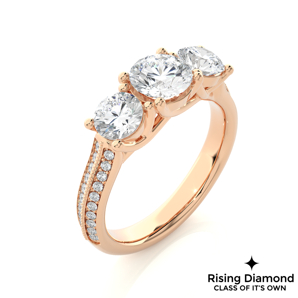 1.48 Ct Round Cut Colorless Moissanite Three Stone Engagement Ring in Micro Pave Setting