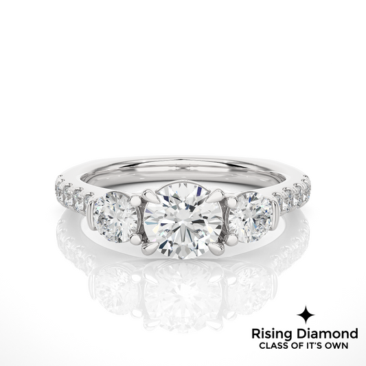 1.31 Ct Round Cut Colorless Moissanite Three Stone Gold Engagement Ring