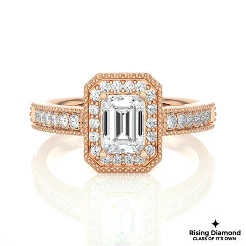 1.22 Ct Emerald Cut F-VS1 Lab Grown Diamond Halo Gold Engagement Ring