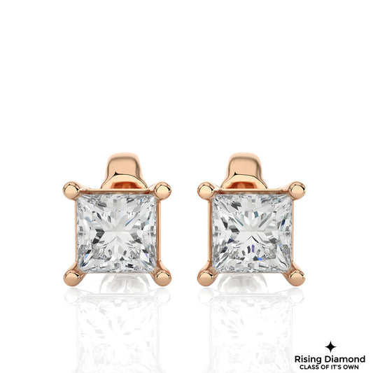 1.00 Ct Princess Cut F-VS Lab Grown Diamond Gold Stud Earring