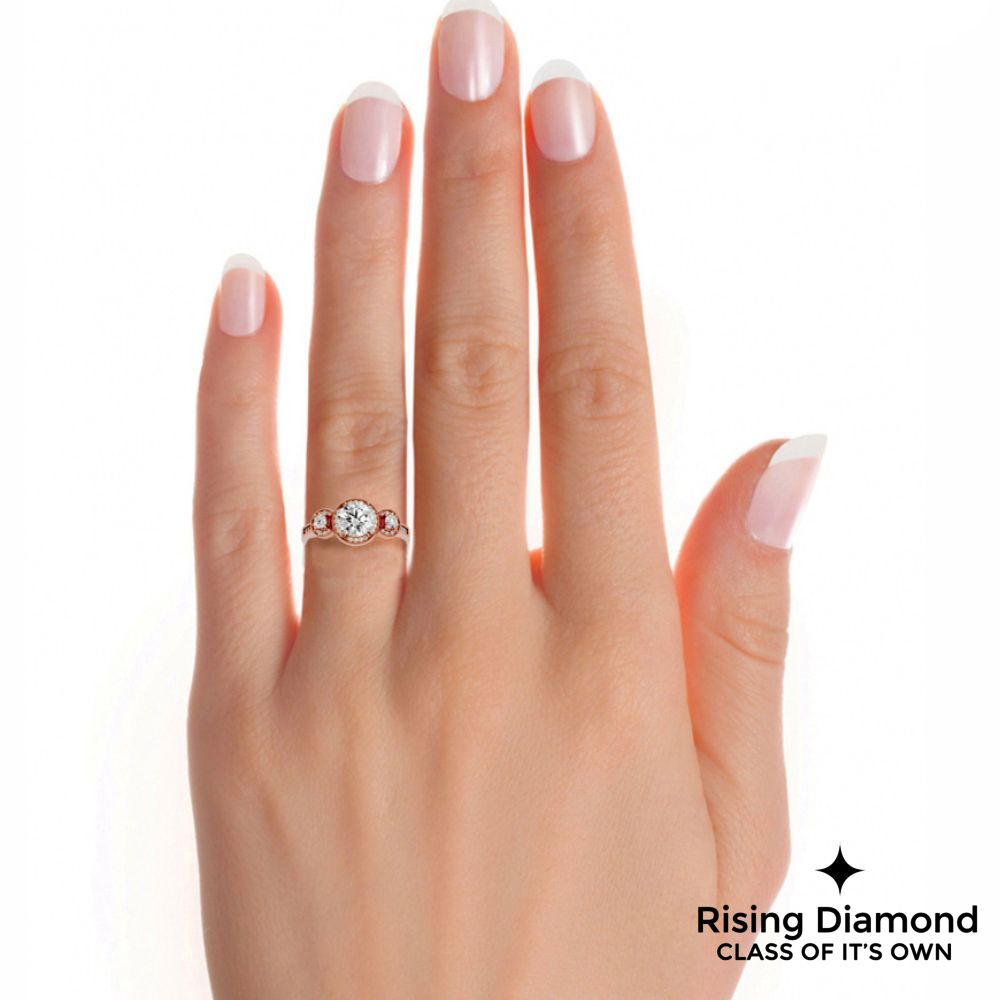1.79 Ct Round Cut Colorless Moissanite Three Stone Gold Engagement Ring