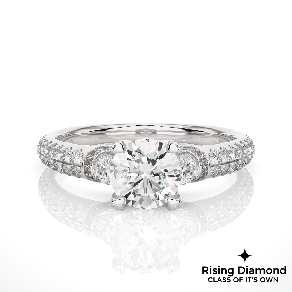 1.31 Ct Round Cut Colorless Moissanite Three Stone Engagement Ring With Double Pave Shank
