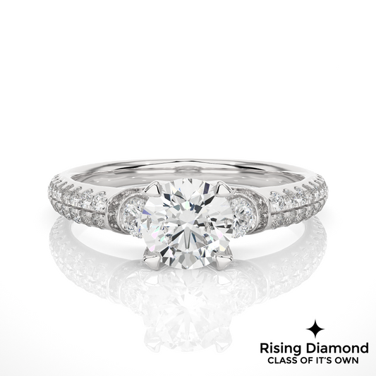 1.31 Ct Round Cut Colorless Moissanite Three Stone Engagement Ring With Double Pave Shank