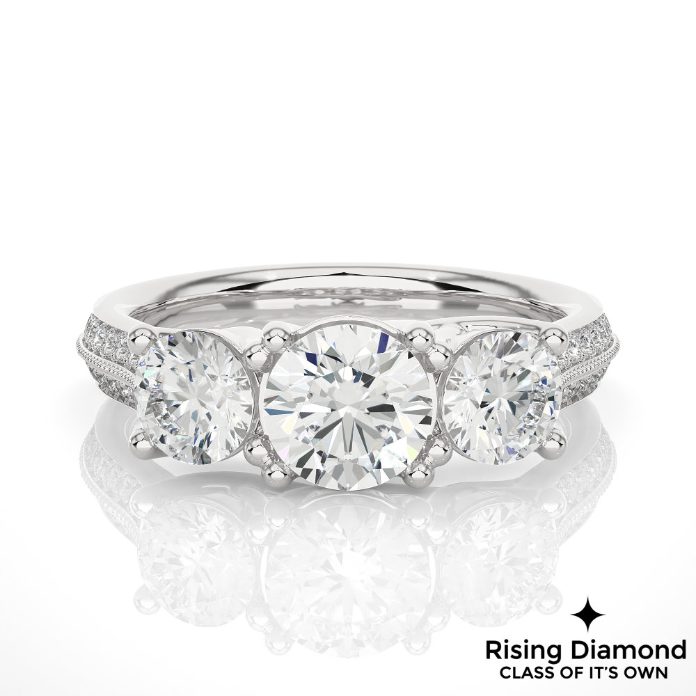 1.48 Ct Round Cut Colorless Moissanite Three Stone Engagement Ring in Micro Pave Setting