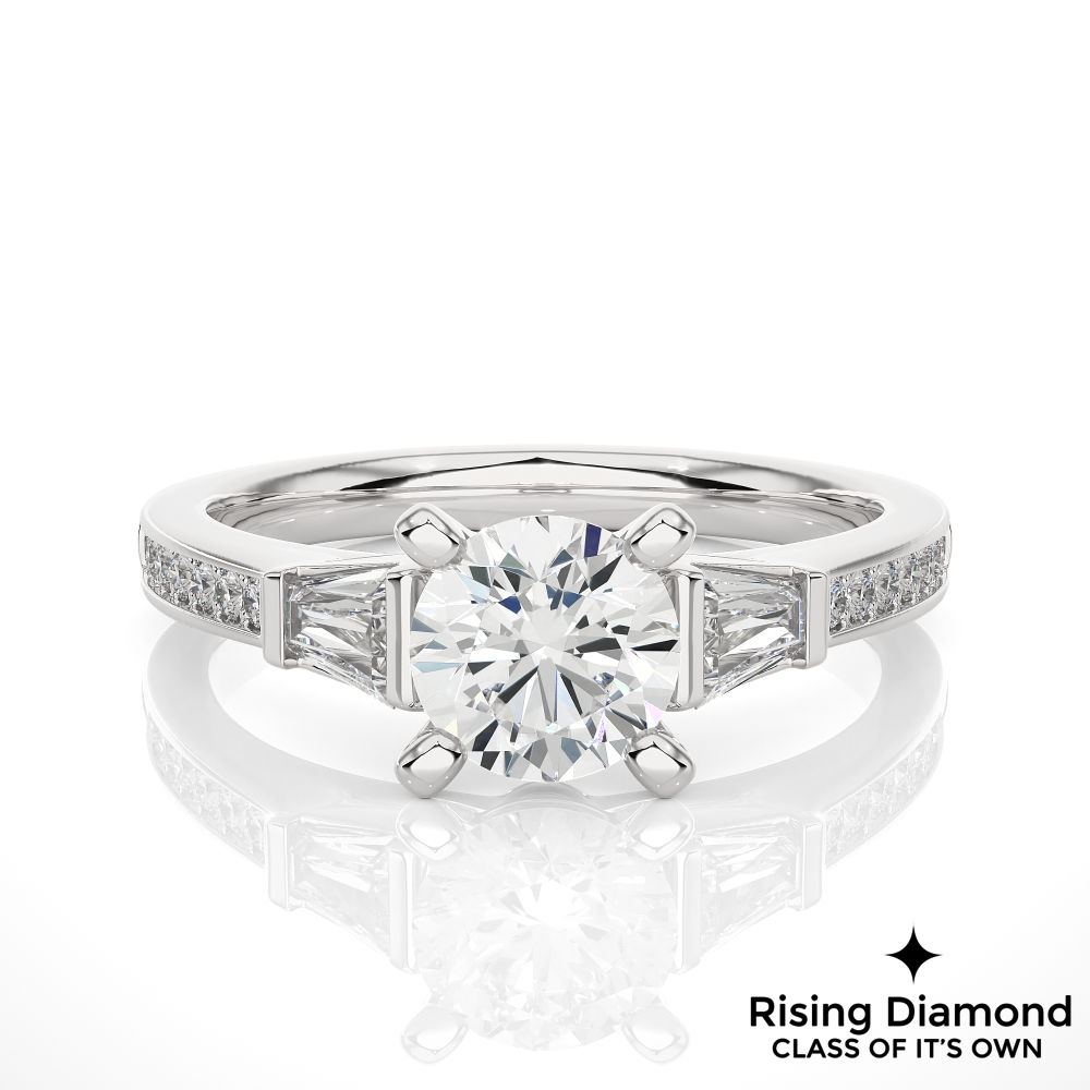 1.58 Ct Round Cut Colorless Moissanite Three Stone Gold Engagement Ring