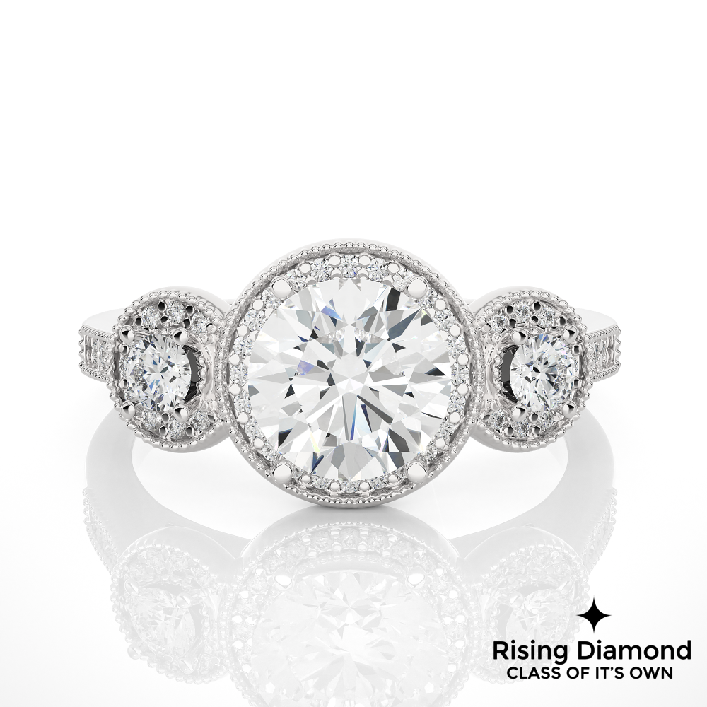 1.79 Ct Round Cut Colorless Moissanite Three Stone Gold Engagement Ring