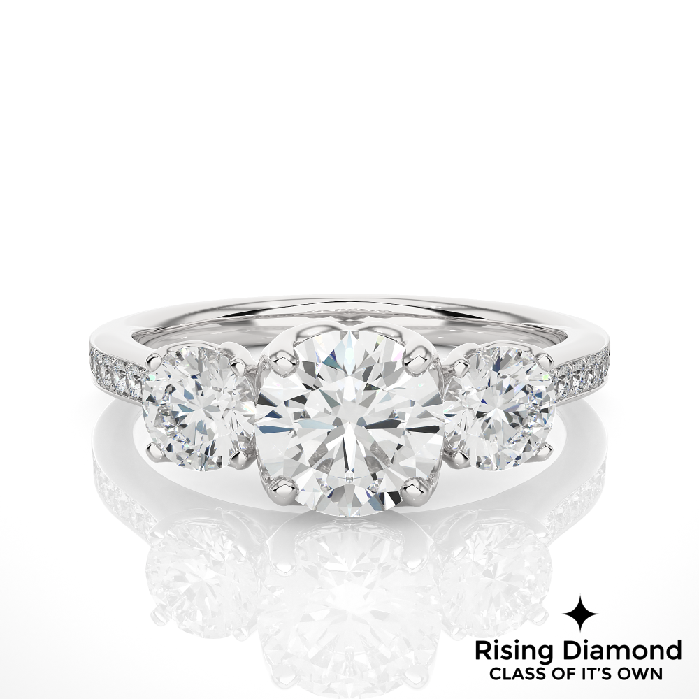 1.48 Ct Round Cut Colorless Moissanite Three Stone Engagement Ring With Pave