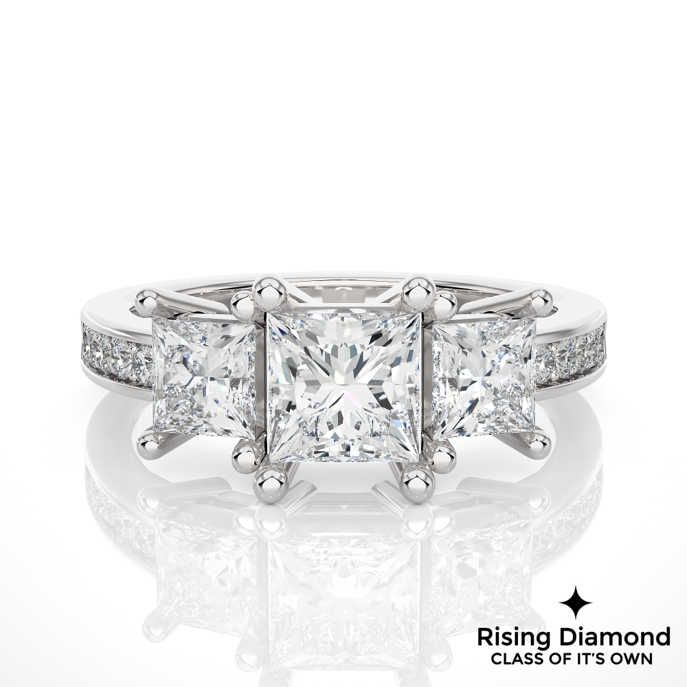 1.44 Ct Princess Colorless Moissanite Three Stone Gold Engagement Ring
