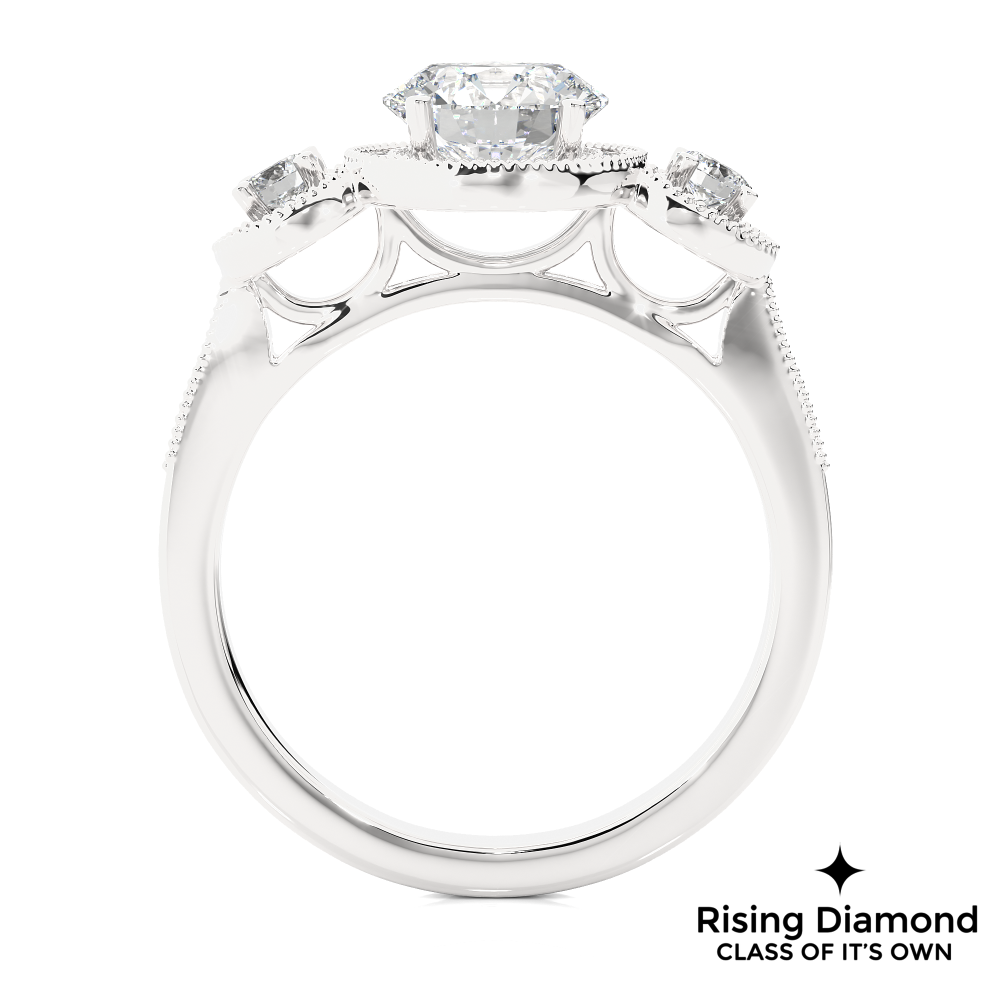 1.79 Ct Round Cut Colorless Moissanite Three Stone Gold Engagement Ring