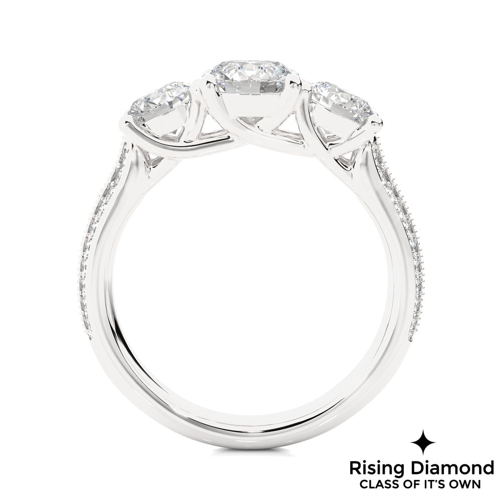 1.48 Ct Round Cut Colorless Moissanite Three Stone Engagement Ring in Micro Pave Setting