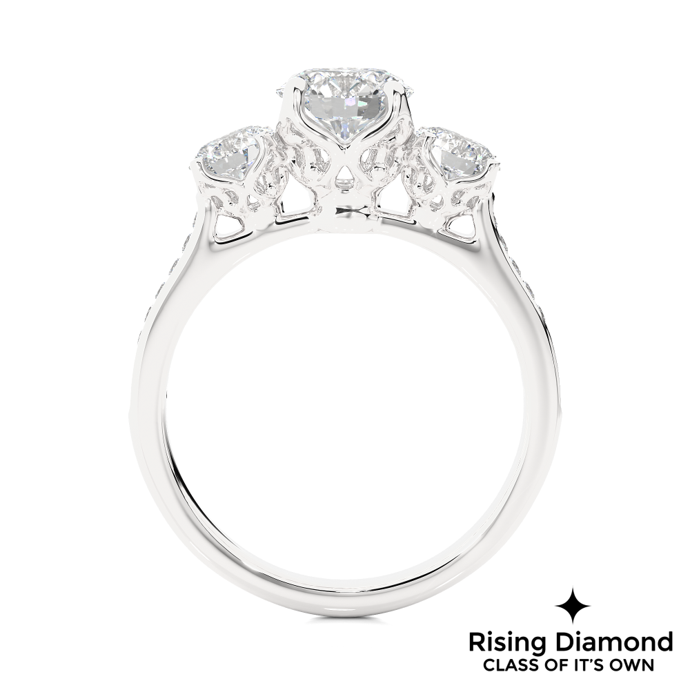 1.48 Ct Round Cut Colorless Moissanite Three Stone Engagement Ring With Pave