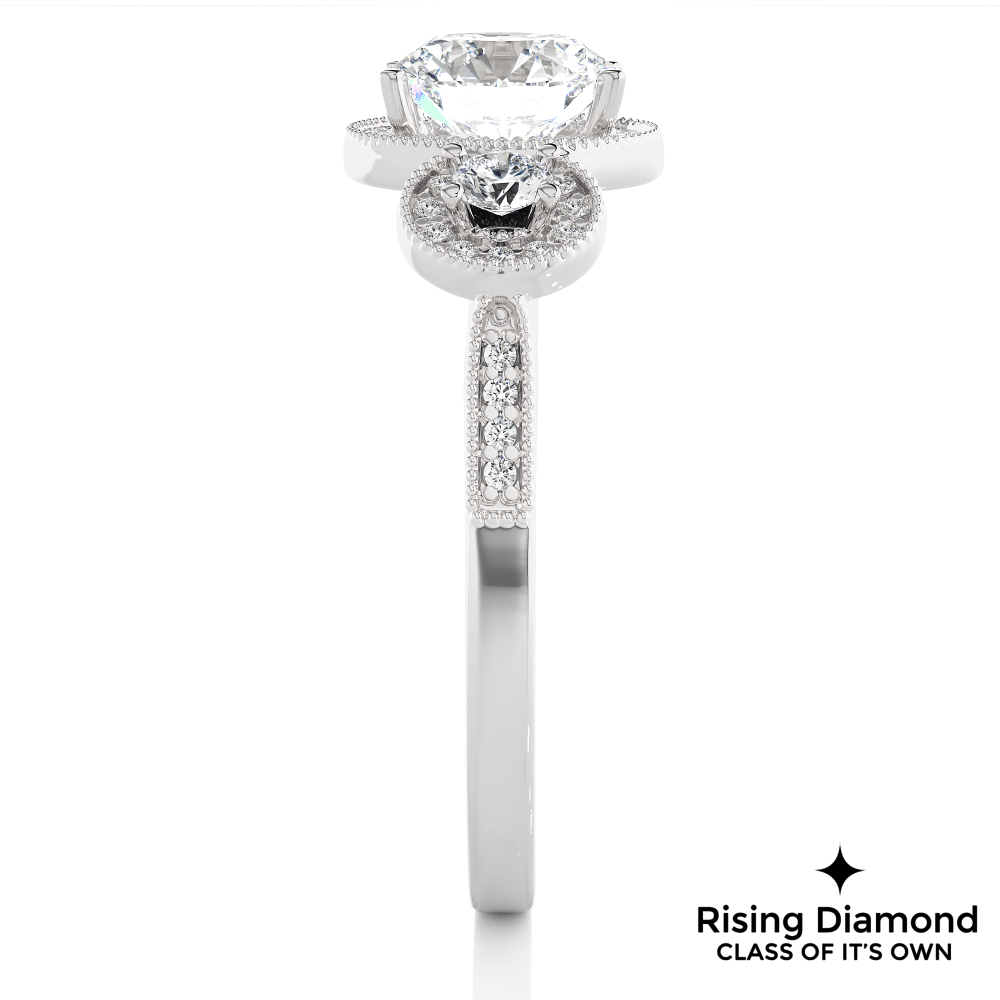 1.79 Ct Round Cut Colorless Moissanite Three Stone Gold Engagement Ring