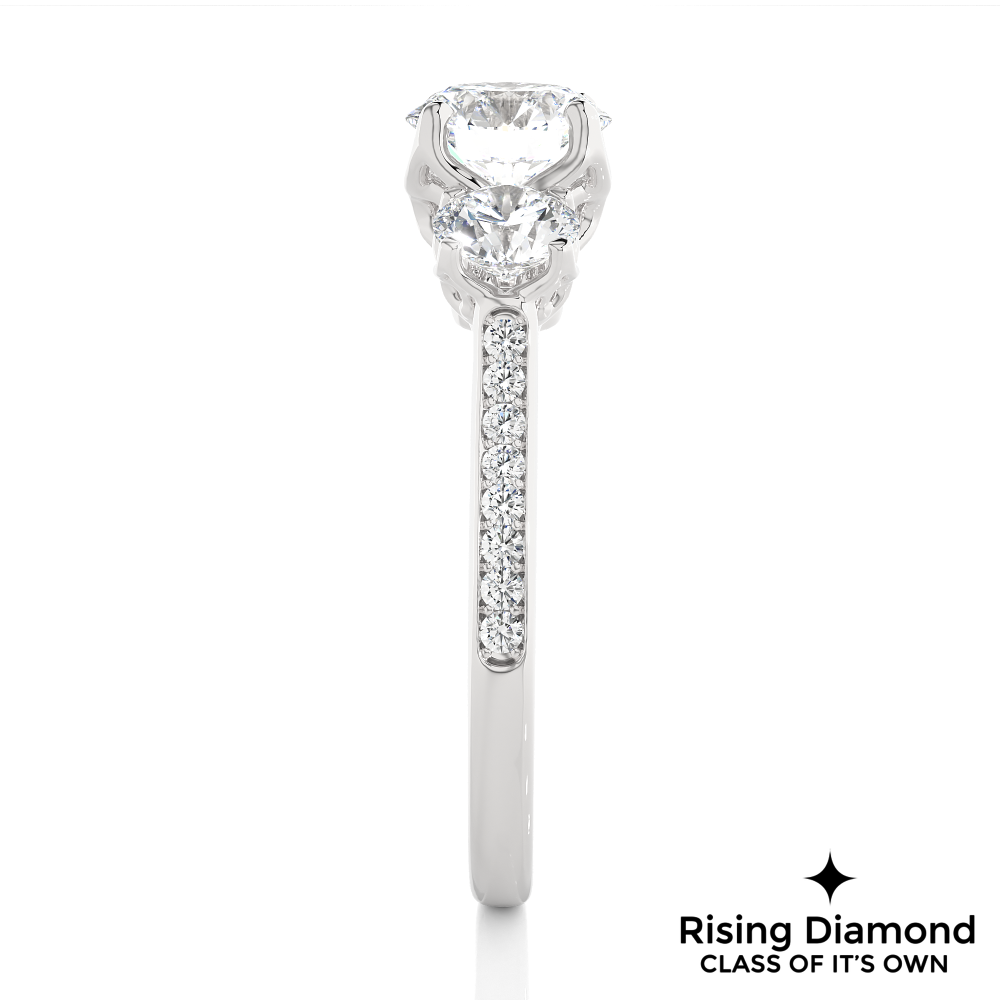 1.48 Ct Round Cut Colorless Moissanite Three Stone Engagement Ring With Pave