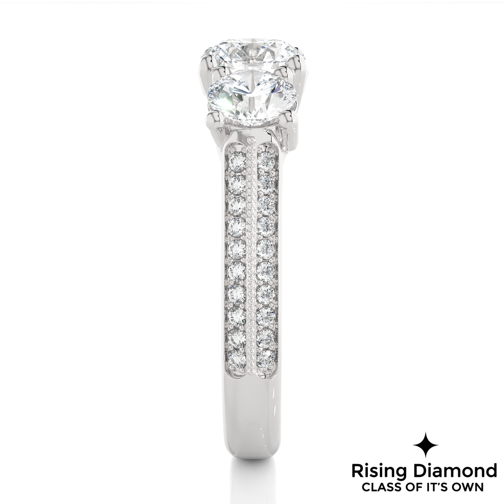 1.48 Ct Round Cut Colorless Moissanite Three Stone Engagement Ring in Micro Pave Setting