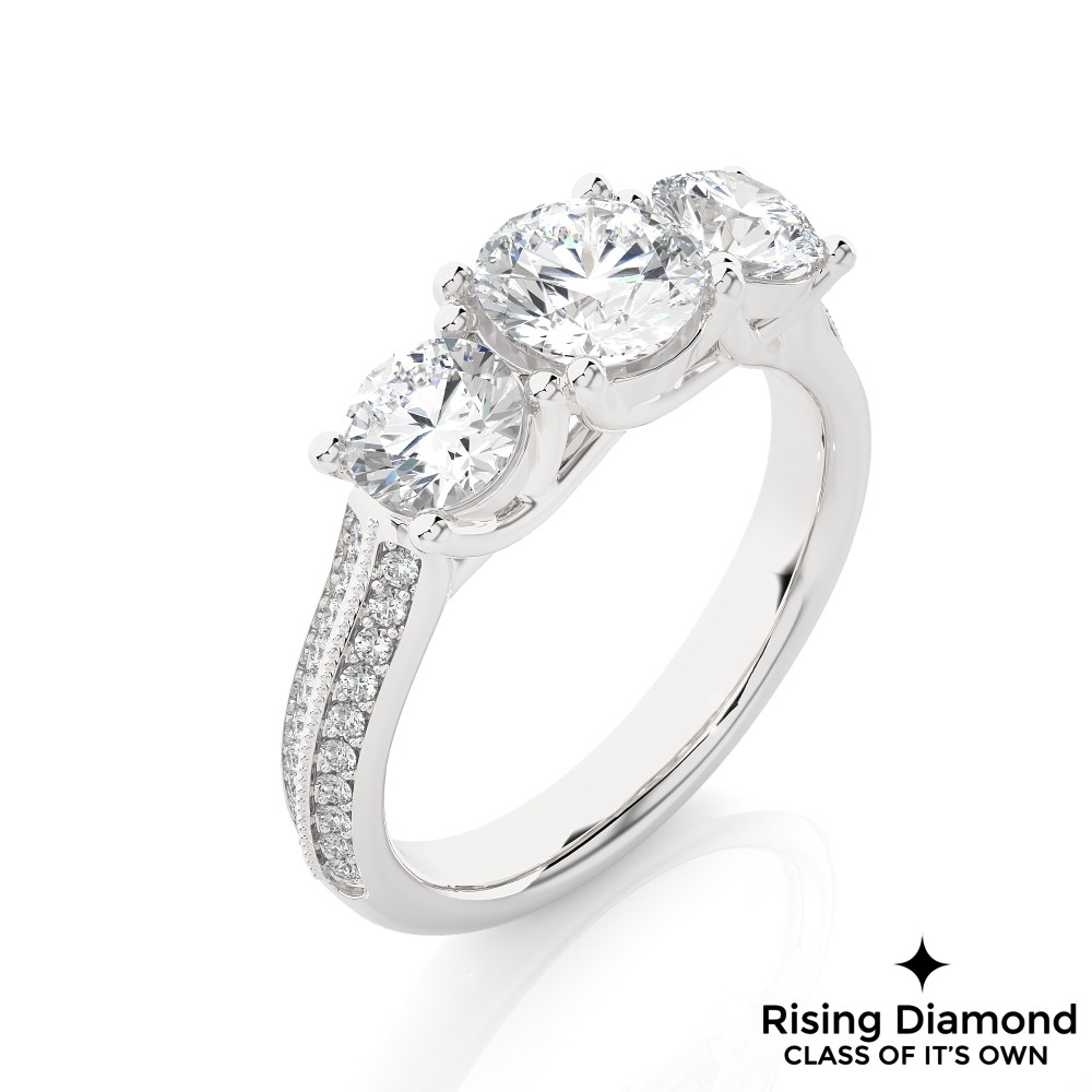 1.48 Ct Round Cut Colorless Moissanite Three Stone Engagement Ring in Micro Pave Setting