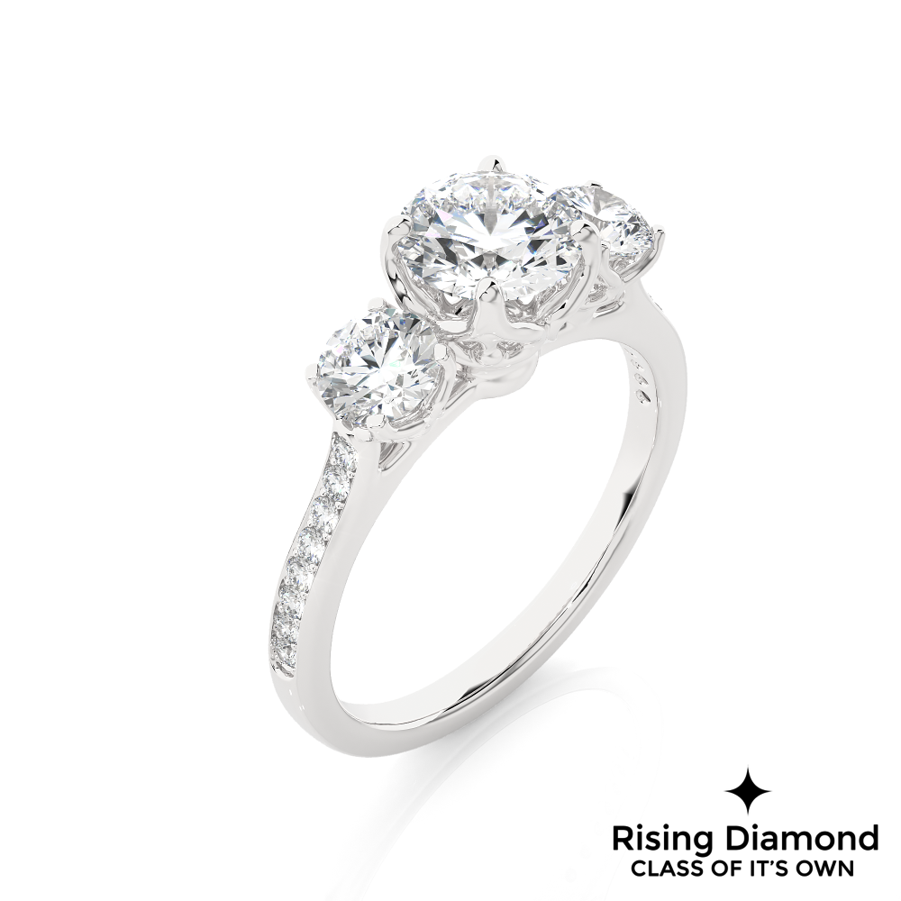 1.48 Ct Round Cut Colorless Moissanite Three Stone Engagement Ring With Pave