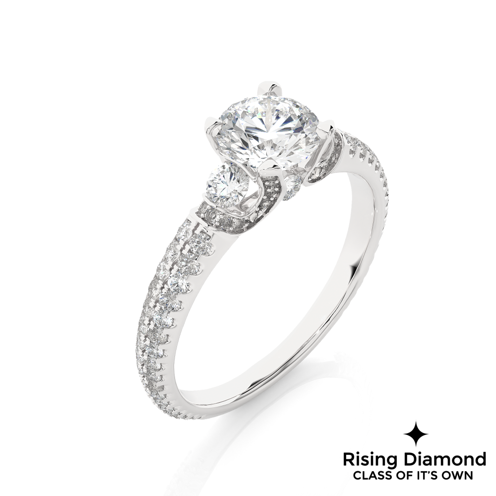 1.31 Ct Round Cut Colorless Moissanite Three Stone Engagement Ring With Double Pave Shank