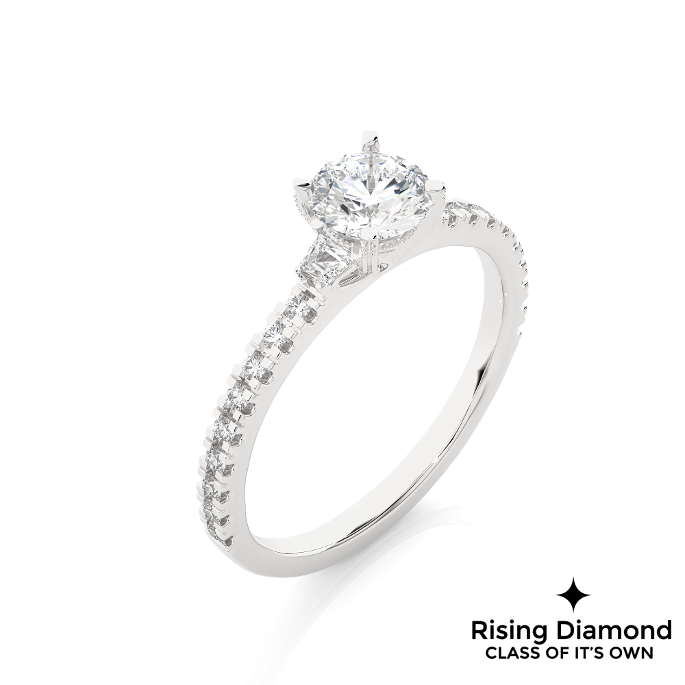 1.23 Ct Round Cut Colorless Moissanite Three Stone Pave Engagement Ring