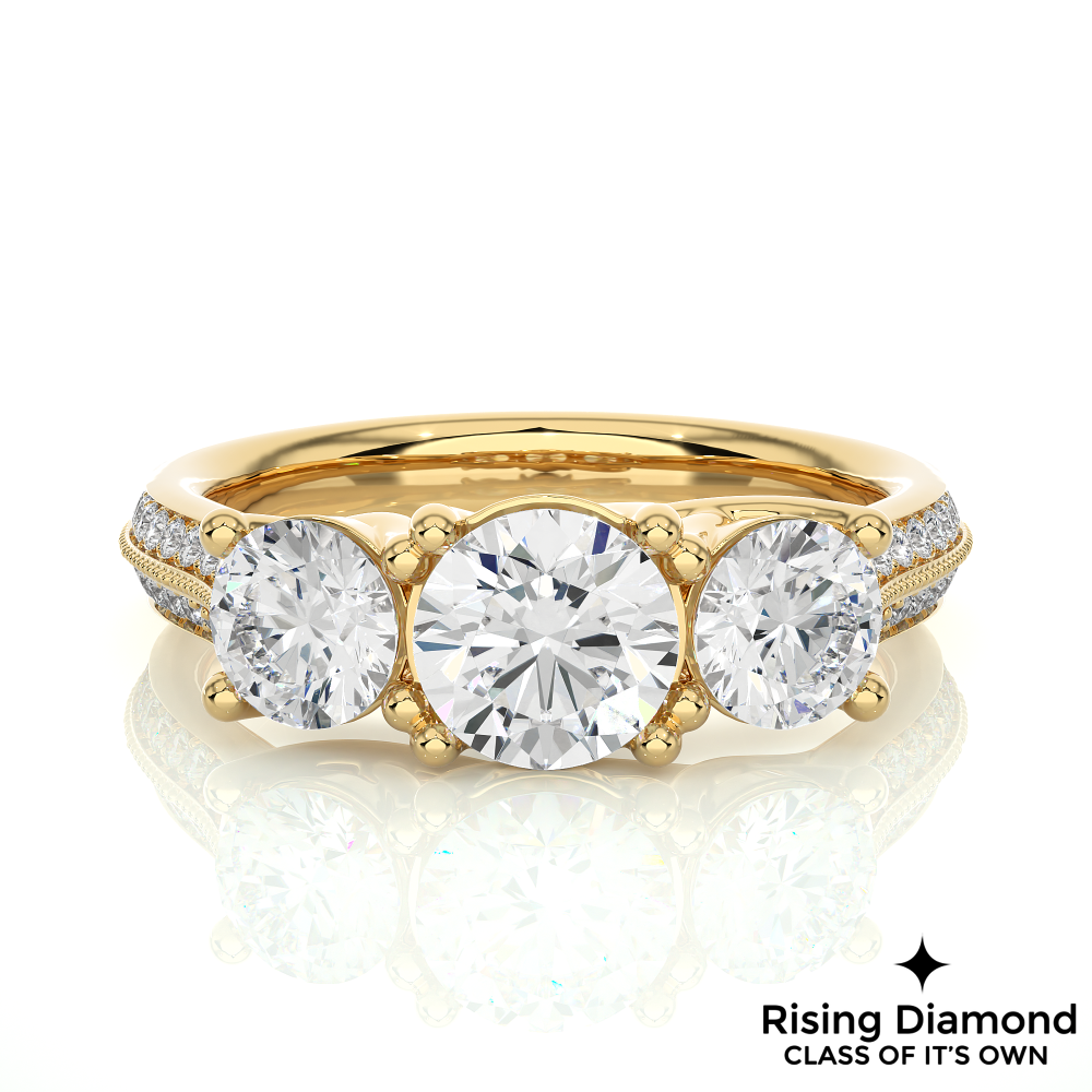 1.48 Ct Round Cut Colorless Moissanite Three Stone Engagement Ring in Micro Pave Setting