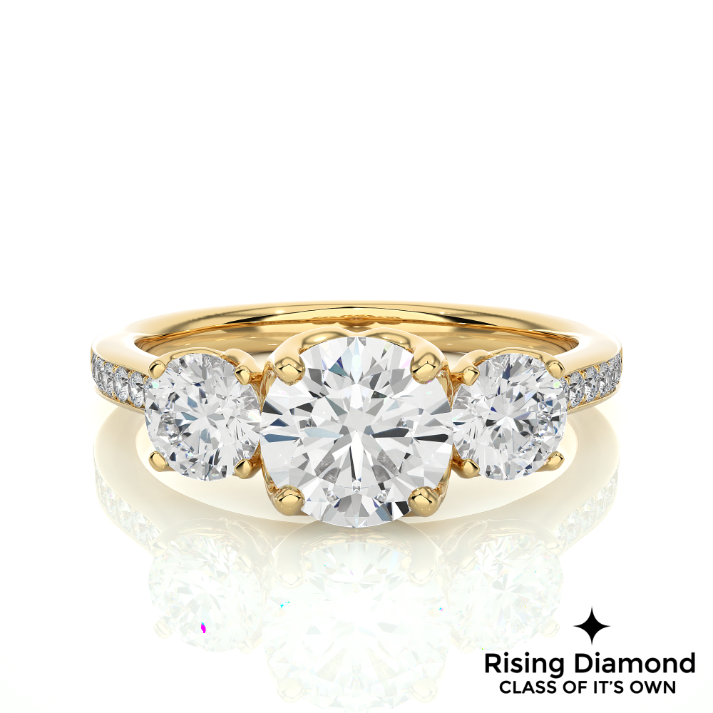 1.48 Ct Round Cut Colorless Moissanite Three Stone Engagement Ring With Pave