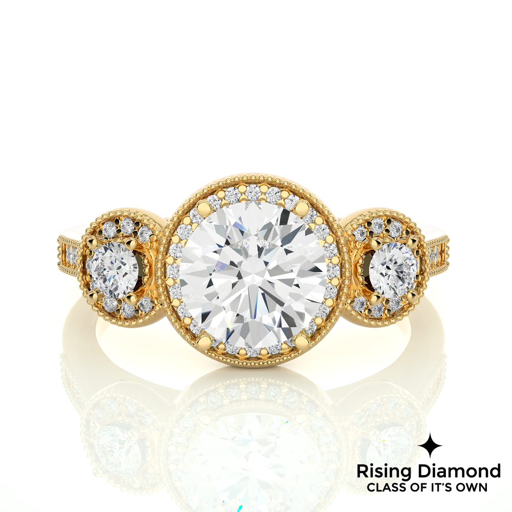 1.79 Ct Round Cut Colorless Moissanite Three Stone Gold Engagement Ring
