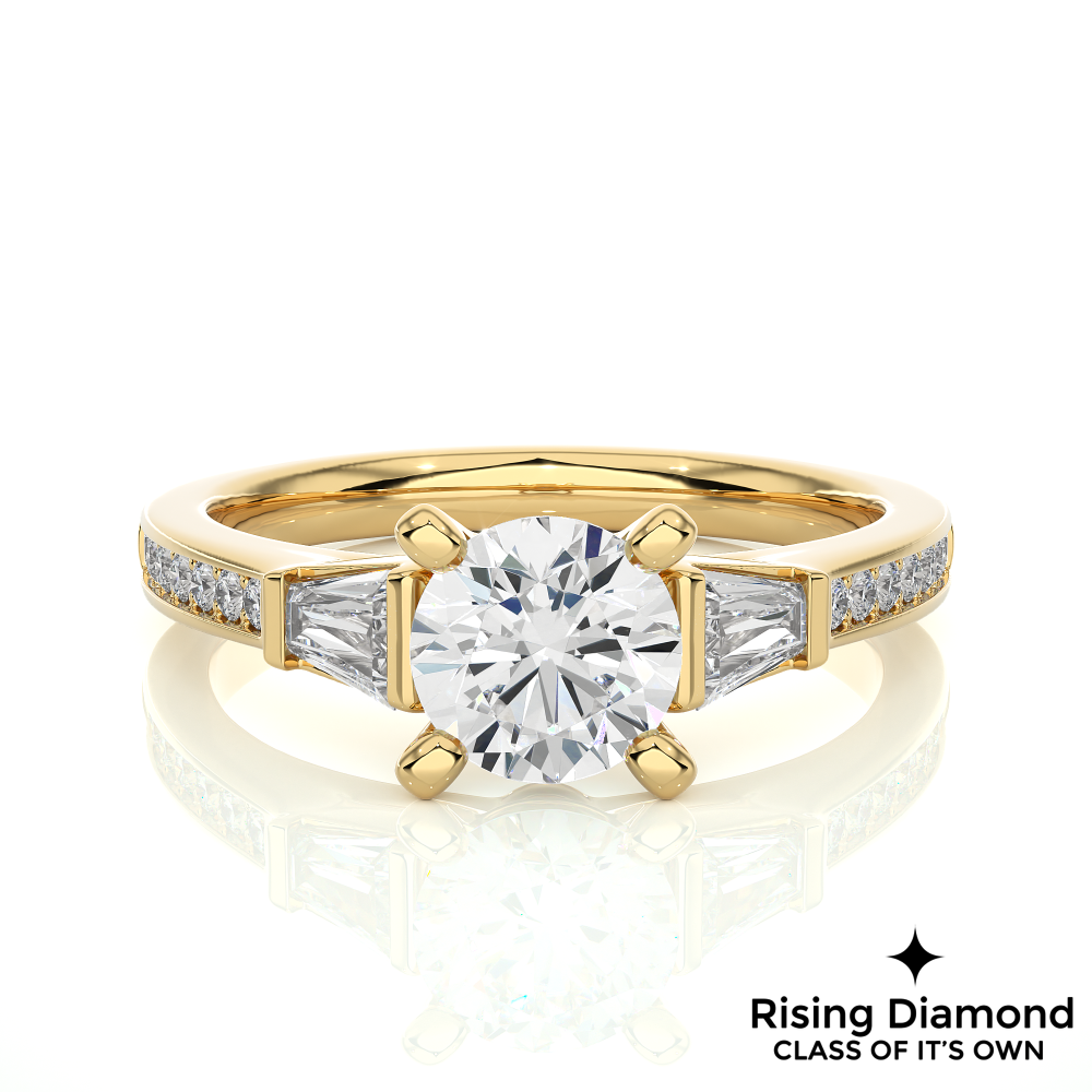 1.58 Ct Round Cut Colorless Moissanite Three Stone Gold Engagement Ring