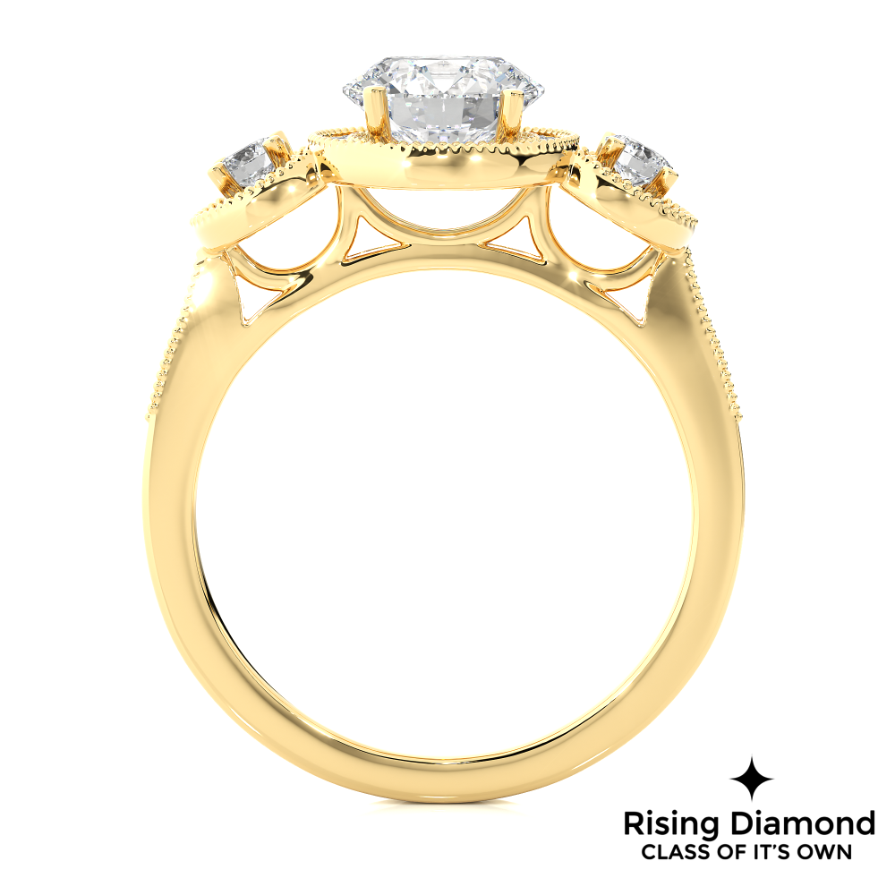 1.79 Ct Round Cut Colorless Moissanite Three Stone Gold Engagement Ring