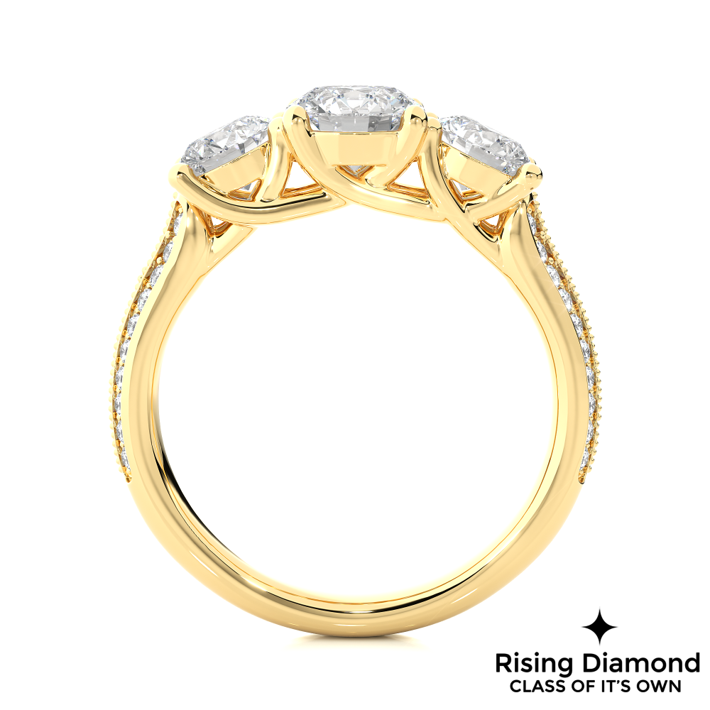 1.48 Ct Round Cut Colorless Moissanite Three Stone Engagement Ring in Micro Pave Setting